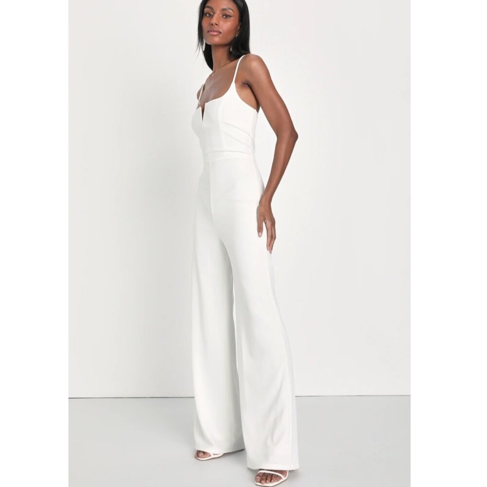 Lulus Cheers to Chic Ivory Sleeveless Jumpsuit Wide Leg Stretchy, Size L